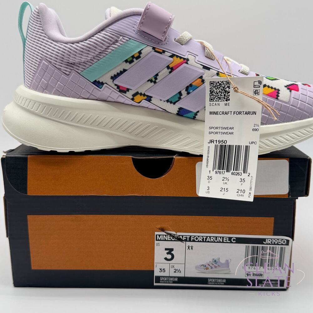 Adidas Minecraft Fortarun Lilac Multi JR1950 Kids Size 3 NIB/NWT